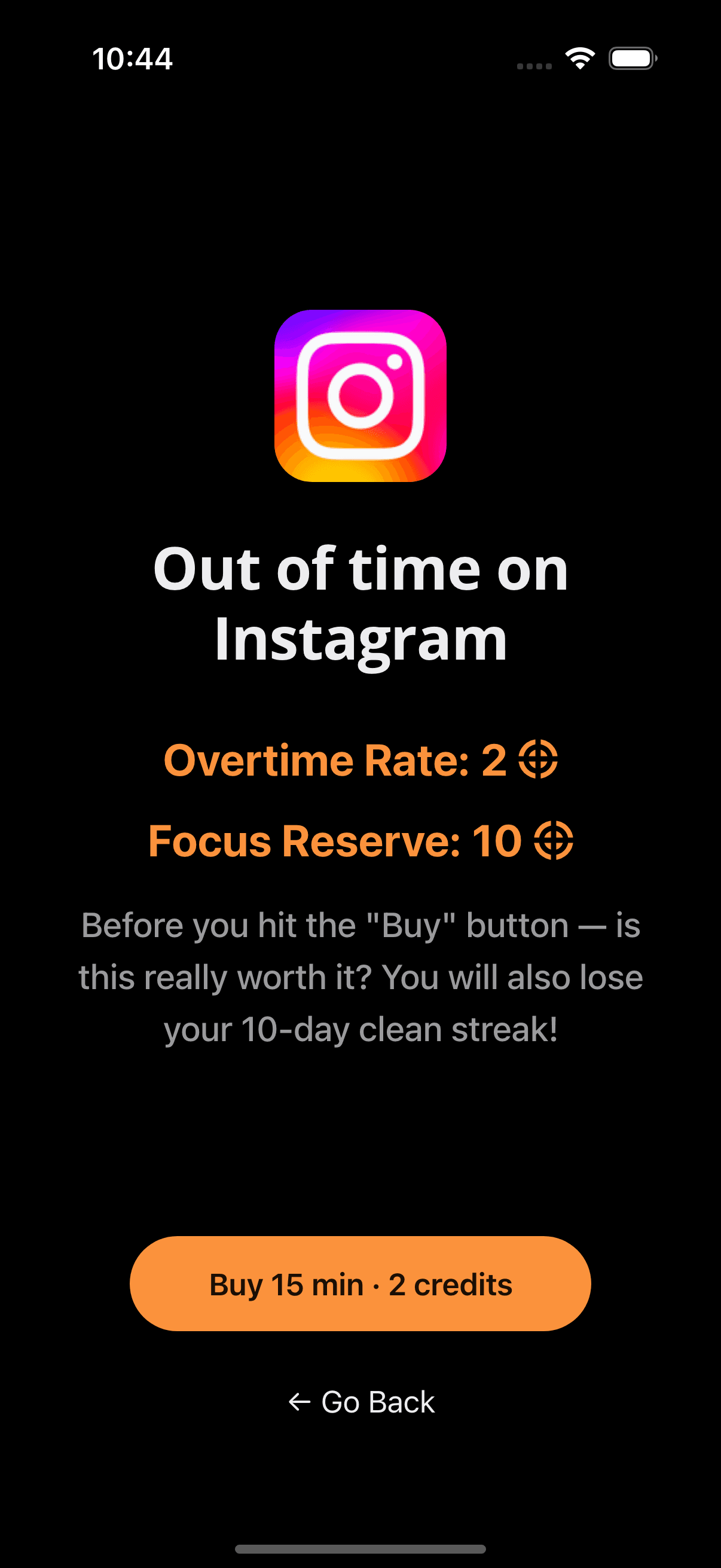 At the limit — the app is blocked until you buy overtime