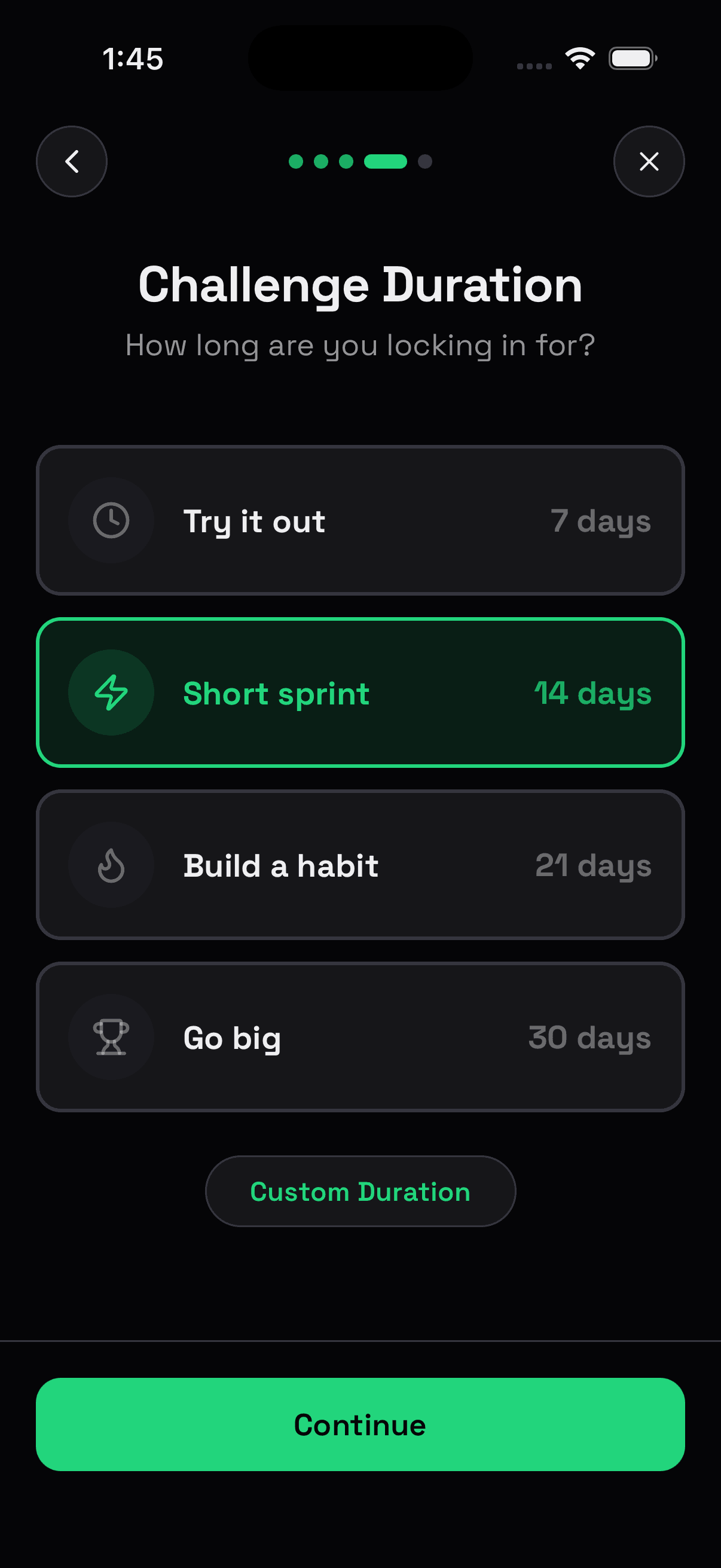 Set duration screen